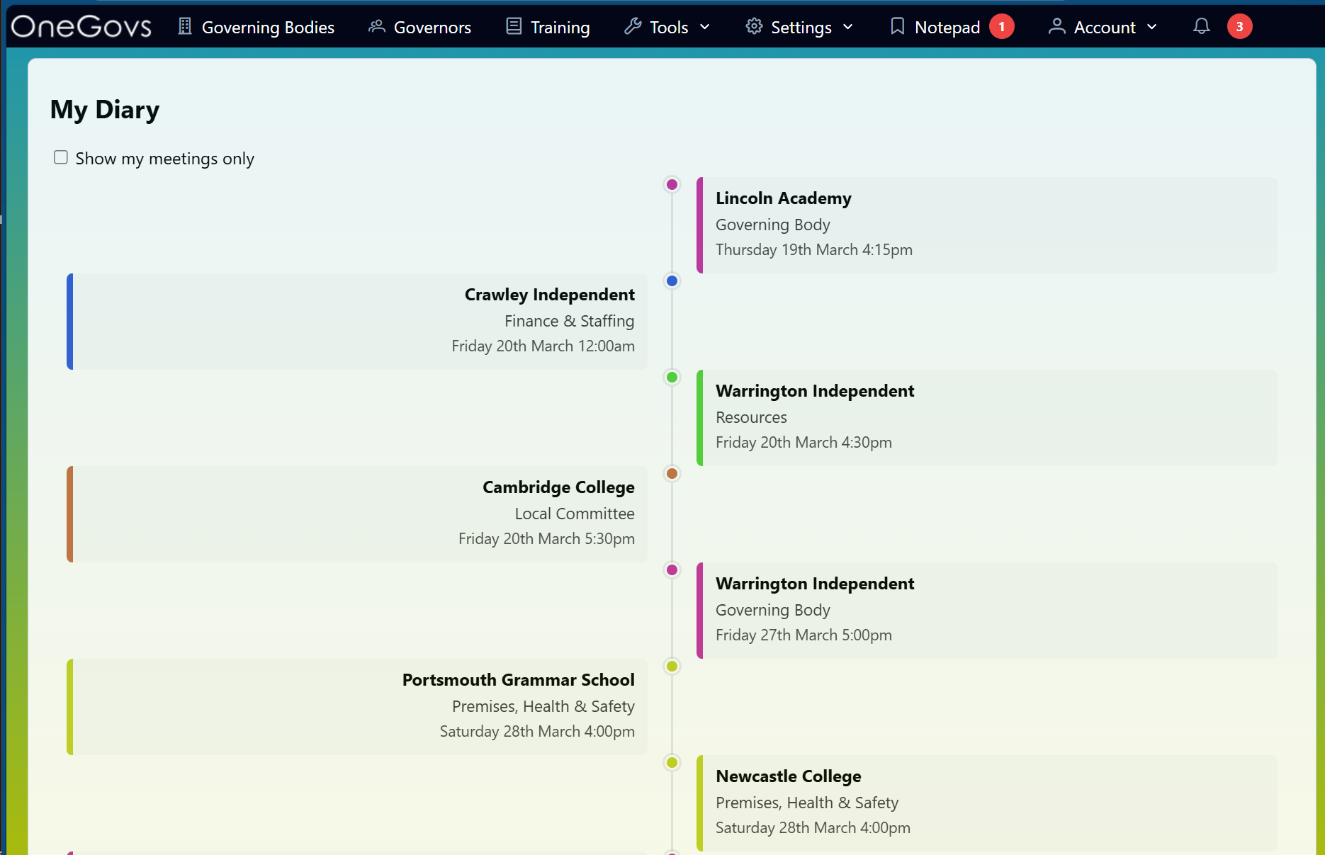 OneGovs My Diary timeline