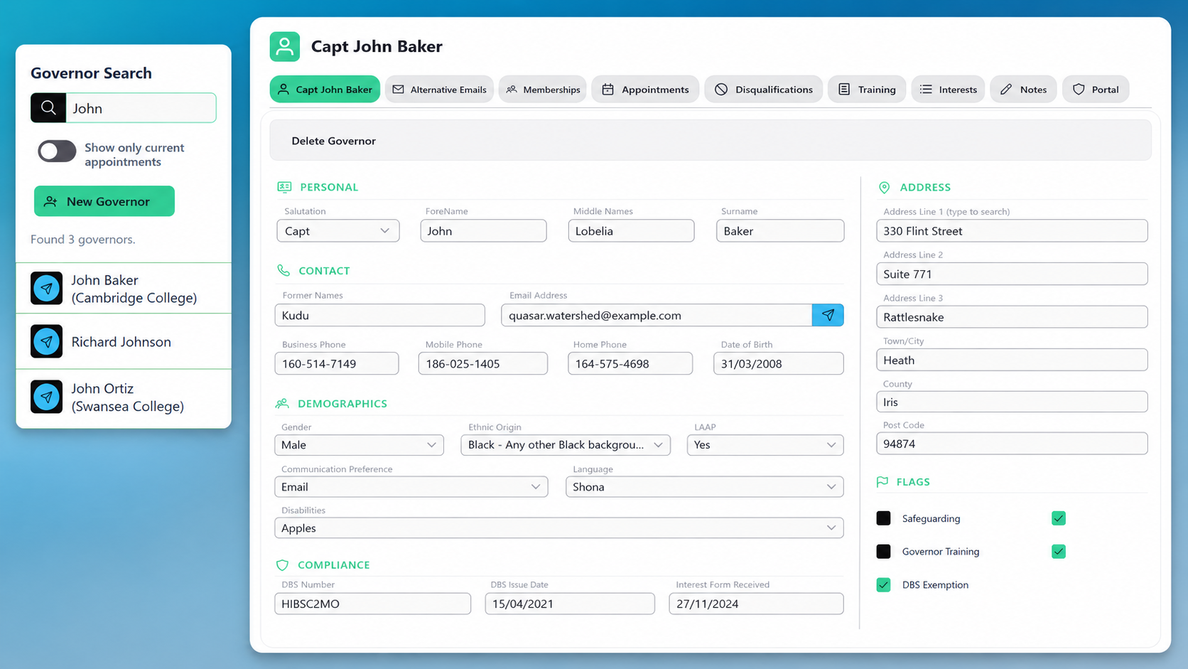 OneGovs Governor search and full personal record view