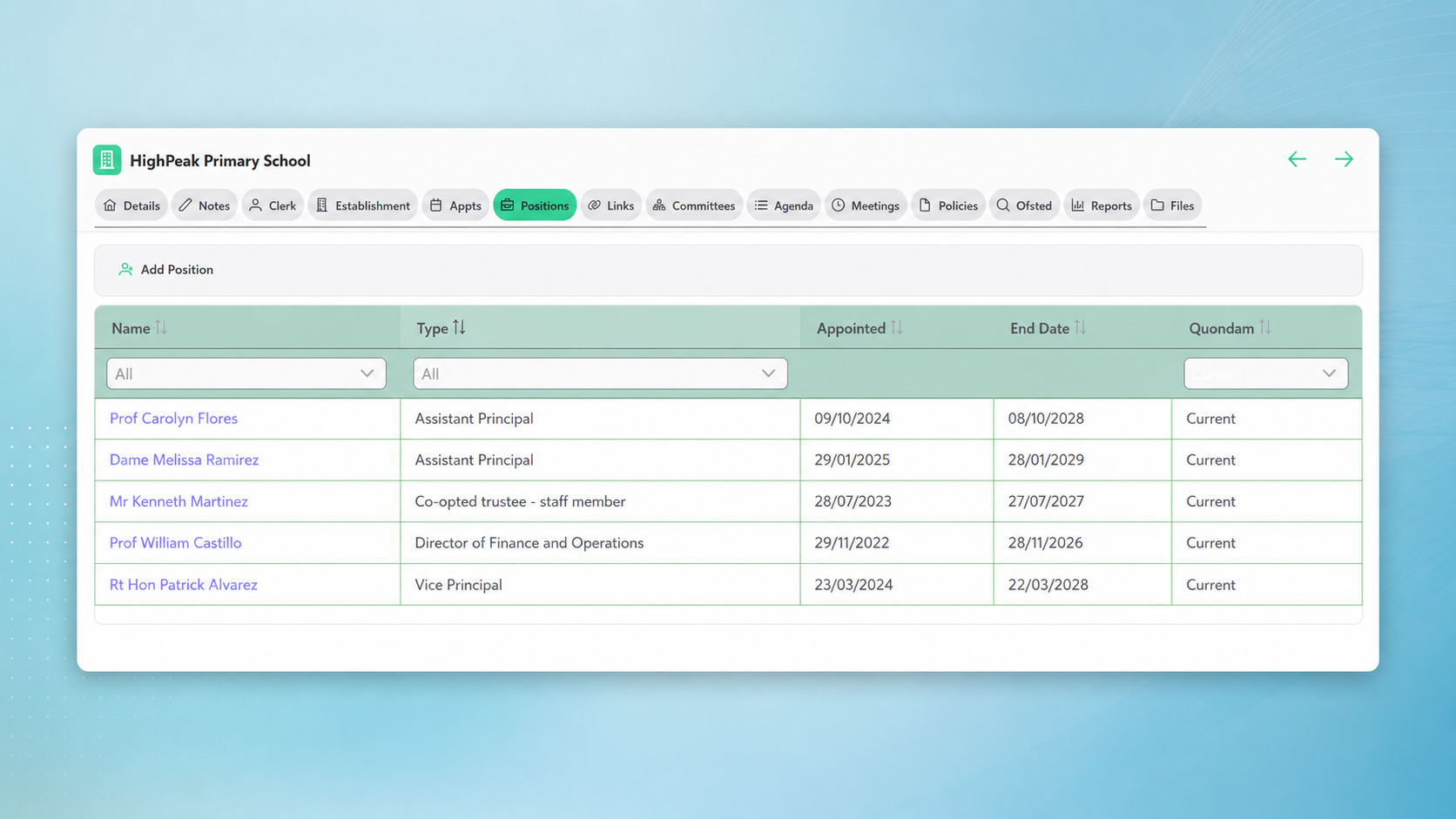 OneGovs positions list for a school with appointment dates