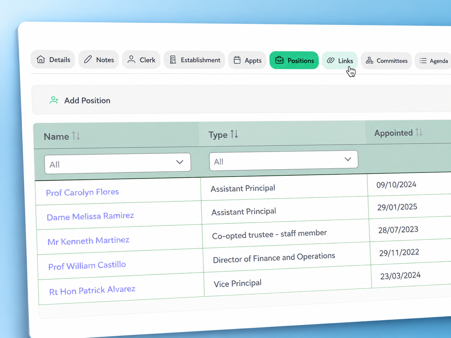 OneGovs positions tab close-up showing roles and appointment dates